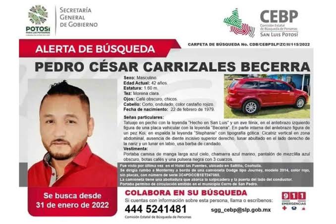 Difunden ficha de búsqueda por desaparición de Pedro Carrizales “El Mijis»