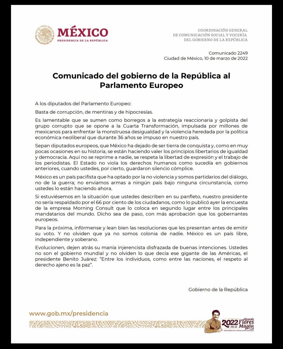 Gobierno de México responde a Parlamento Europeo; lamenta que sean “como borregos”