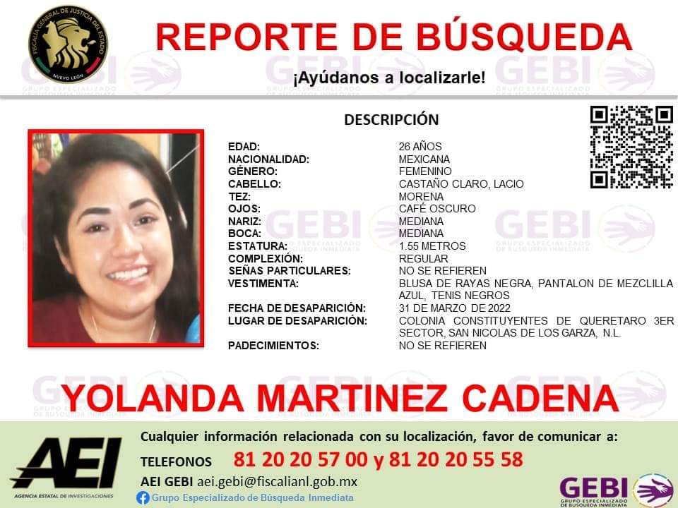 Continúa búsqueda de Yolanda Martínez, desaparecida en NL