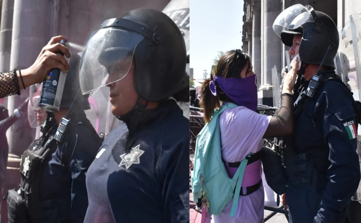Feministas confrontan y pintan a mujeres policías, después se disculpan y las limpian